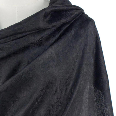 Rayon and silk blend shawl, 'Mandarin Jet' - Artisan Crafted Rayon Blend Black Shawl with Floral Motif