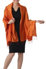 Rayon and silk blend shawl, 'Sweet Mandarin' - Artisan Crafted Thai Rayon Blend Shawl with Floral Motif