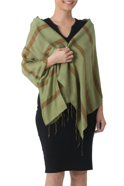Silk blend shawl, 'Jungle Green' - Hand Woven Green Silk Blend Shawl with Striped Motif