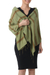 Silk blend shawl, 'Jungle Green' - Hand Woven Green Silk Blend Shawl with Striped Motif thumbail