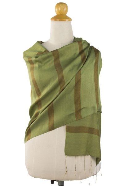 Silk blend shawl, 'Jungle Green' - Hand Woven Green Silk Blend Shawl with Striped Motif
