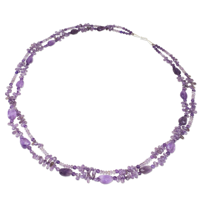 Amethyst long beaded necklace, 'Precious Lavender' - Handmade Beaded Amethyst 38-Inch Long Statement Necklace