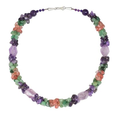 Amethyst and quartz beaded necklace, 'Divine Feminine' - Amethyst with Green and Pink Quartz Handmade Beaded Necklace