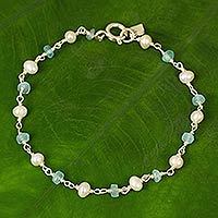 Cultured pearl and apatite link bracelet, 'Morning Blue'