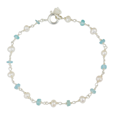 Cultured pearl and apatite link bracelet, 'Morning Blue' - Handmade Apatite and Cultured Pearl Link Bracelet