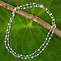 Cultured pearl and apatite strand necklace, 'Regal Water Lily' - White Pearl and Apatite Strand Necklace with Flower Clasp