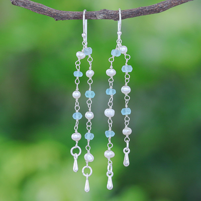 Cultured pearl and apatite dangle earrings, Morning Peace