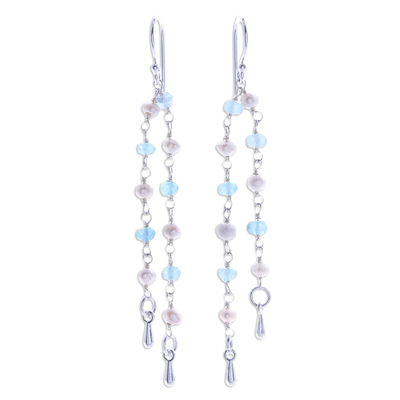 Cultured pearl and apatite dangle earrings, 'Morning Peace' - Handmade Apatite and Cultured Pearl Dangle Earrings