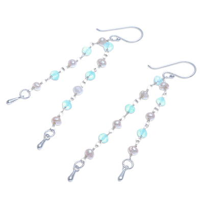 Pendientes colgantes de perlas cultivadas y apatito - Aretes colgantes hechos a mano con apatito y perlas cultivadas