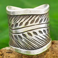 Silver band ring, 'Karen Leaves' - Karen Hill Tribe Handcrafted Leaf Theme Wide Silver Ring