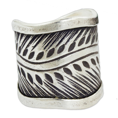 Silver band ring, 'Karen Leaves' - Karen Hill Tribe Handcrafted Leaf Theme Wide Silver Ring
