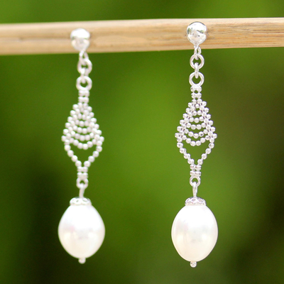 Aretes colgantes de perlas cultivadas - Aretes colgantes hechos a mano en plata esterlina y perlas cultivadas