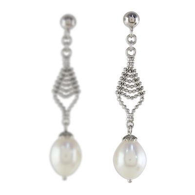 Cultured pearl dangle earrings, 'Lily Mind' - Handmade Sterling Silver and Cultured Pearl Dangle Earrings