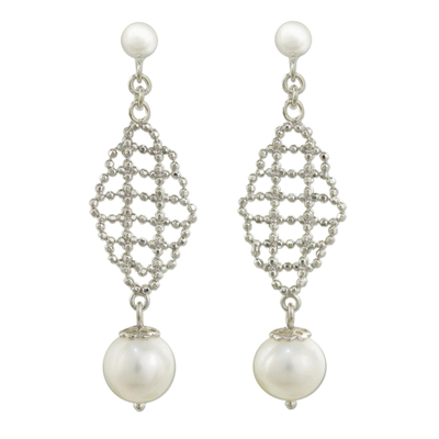 Cultured pearl dangle earrings, 'White Rose Mist' - White Pearls on Artisan Crafted 925 Sterling Silver Earrings