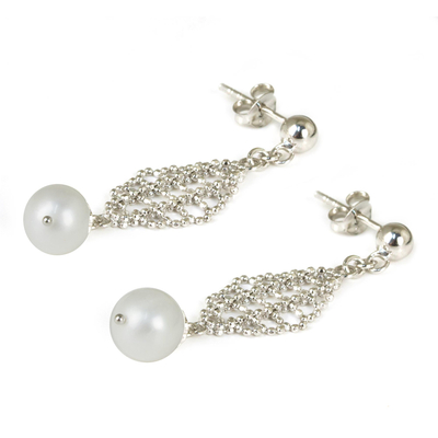 Aretes colgantes de perlas cultivadas - Pendientes de plata de ley 925 hechos a mano con perlas blancas