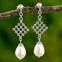 Cultured pearl dangle earrings, 'White Rosebud' - Modern Design Earrings with White Pearls and 925 Silver