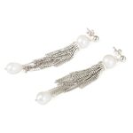 Cultured freshwater pearl waterfall earrings, 'Dancing Lily' - Handcrafted Cultured Pearl and Silver Waterfall Earrings