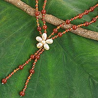 Carnelian beaded pendant choker, 'Summer Nights' - Carnelian and Pearl Beaded Choker with Floral Pendant