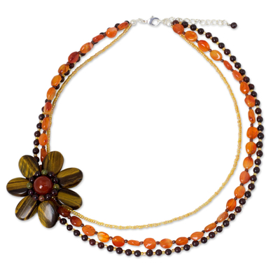Tiger's eye flower pendant necklace, 'Lady Gerbera' - Tiger's Eye Pendant Necklace with Jasper and Carnelian Beads