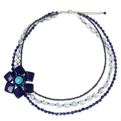 Lapis lazuli flower pendant necklace, 'Lady Gerbera' - Lapis Lazuli Pendant Necklace with Topaz and Calcite Beads
