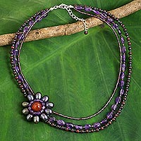 Amethyst flower pendant necklace, 'Lady Gerbera' - Cultured Pearl Pendant Necklace with Amethyst and Carnelian