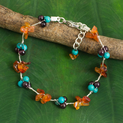 Multi-gemstone beaded bracelet, 'Everlasting' - Hand Made Beaded Calcite and Garnet Bracelet from Thailand