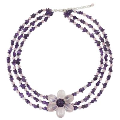 Amethyst and rose quartz beaded flower necklace, 'Blushing Daisy' - Artisan Crafted Multi-Gemstone Beaded Pendant Necklace