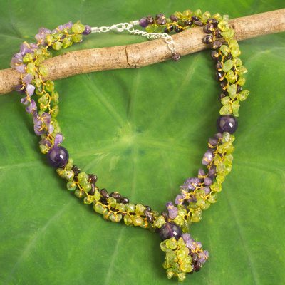 Multi-gemstone beaded necklace, 'Vineyard Scent' - Thai Artisan Crafted Green and Purple Multigemstone Necklace