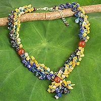 Multi-gemstone beaded necklace, 'Morning Scent' - Thai Artisan Crafted Blue and Orange Multigemstone Necklace