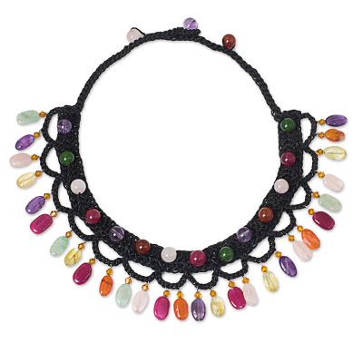Multi-gemstone collar necklace, 'Bright Folk Lace' - Colorful Gemstone Cord Collar Necklace Handmade in Thailand