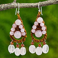 Rose quartz dangle earrings, 'Rose Folk Lace' - Rose Quartz Crocheted Dangle Earrings Handmade in Thailand
