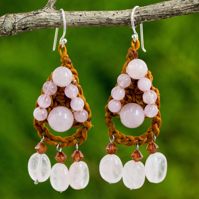 Rose quartz dangle earrings, Rose Folk Lace