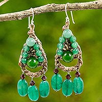 Quartz beaded dangle earrings, 'Green Folk Lace' - Dyed Quartz Crocheted Dangle Earrings Handmade in Thailand