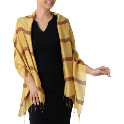 Schal aus Seidenmischung - Handgewebter Schal aus gelber und brauner Seidenmischung mit Fransen