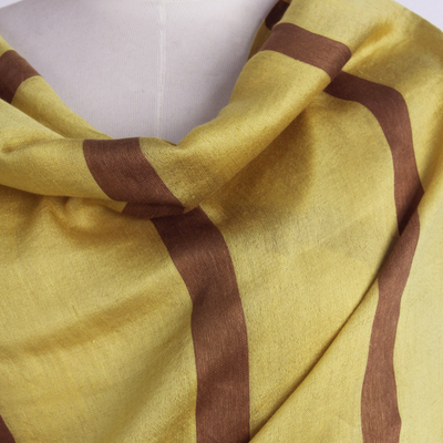 Silk blend shawl, 'Friendly Essence' - Hand Woven Yellow and Brown Silk Blend Shawl with Fringe