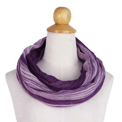 Cotton infinity scarf, 'Purple Skies' - Hand Woven 100% Cotton Infinity Scarf in Purple and White