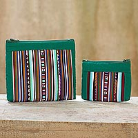 Striped cosmetic bags, 'Exotic Lisu in Green' (pair) - Thai Hill Tribe Applique on 2 Cotton Blend Cosmetic Bags
