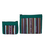 Striped cosmetic bags, 'Exotic Lisu in Green' (pair) - Thai Hill Tribe Applique on 2 Cotton Blend Cosmetic Bags