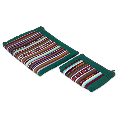 Striped cosmetic bags, 'Exotic Lisu in Green' (pair) - Thai Hill Tribe Applique on 2 Cotton Blend Cosmetic Bags