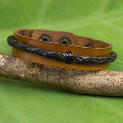 Leather Wristband Bracelet with Braided Accent in Brown - Perfect