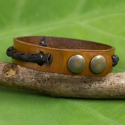 Leather wristband bracelet, 'Fantasy Brown' - Artisan Crafted Black and Brown Leather Wristband Bracelet