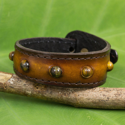 Armband aus Tigerauge und Leder - Handgefertigtes Armband aus Leder und Tigerauge