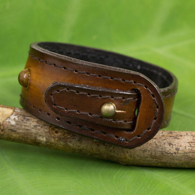 Tiger's eye and leather wristband bracelet, 'Golden Meteor' - Artisan Crafted Leather and Tiger's Eye Wristband Bracelet