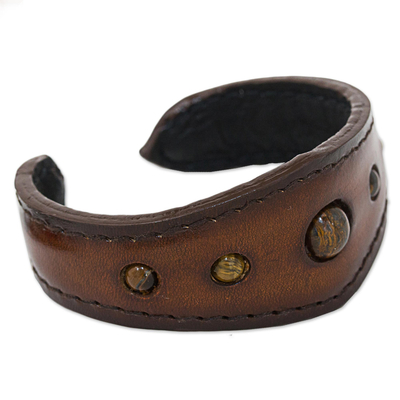 Tiger's eye cuff bracelet, 'The Power' - Tigers' Eye Cuff Bracelet in Leather Handmade in Thailand
