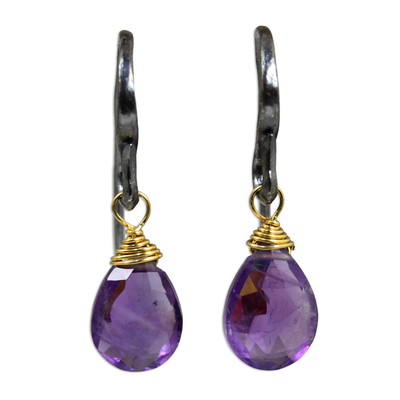 Amethyst dangle earrings, 'Morning Bright' - Handmade Gold Accented Amethyst Dangle Earrings