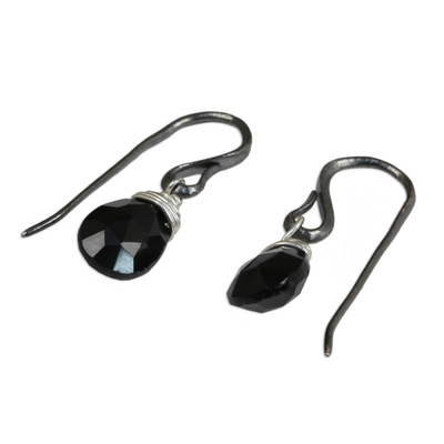 Onyx dangle earrings, 'Evening Bright' - Hand Crafted Onyx and Sterling Silver Dangle Earrings