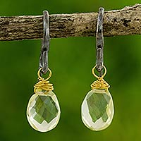 Quartz dangle earrings, 'Morning Bright' - Handmade Gold Accented Lemon Quartz Dangle Earrings