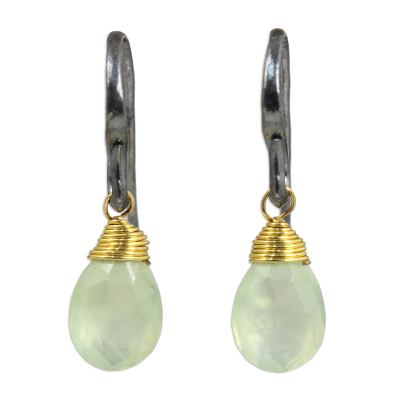 Prehnite dangle earrings, 'Morning Bright' - Hand Crafted Gold Accented Prehnite Dangle Earrings