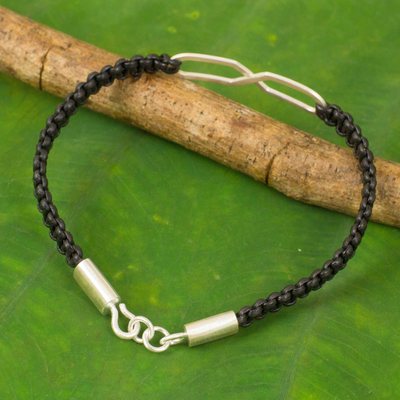 Leather and sterling silver bracelet, 'Infinite Friendship in Black' - Infinity Symbol Pendant Bracelet on Black Leather Wristband