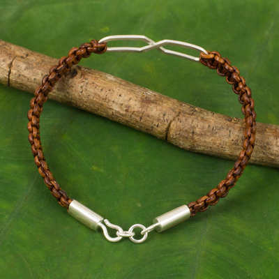 Leather and sterling silver bracelet, 'Infinite Friendship in Brown' - Infinity Symbol Pendant Bracelet on Brown Leather Wristband